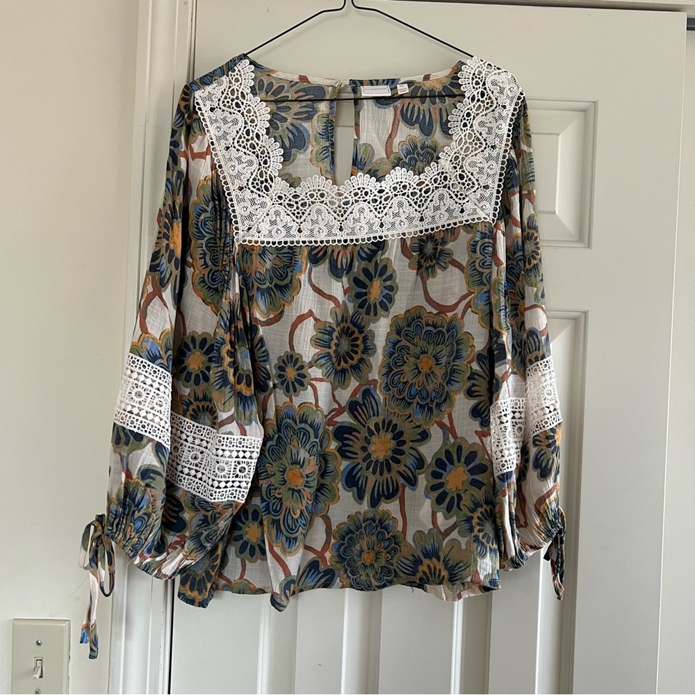 Zac & Rachel Brown and Blue Embellished Tie Front Blouse